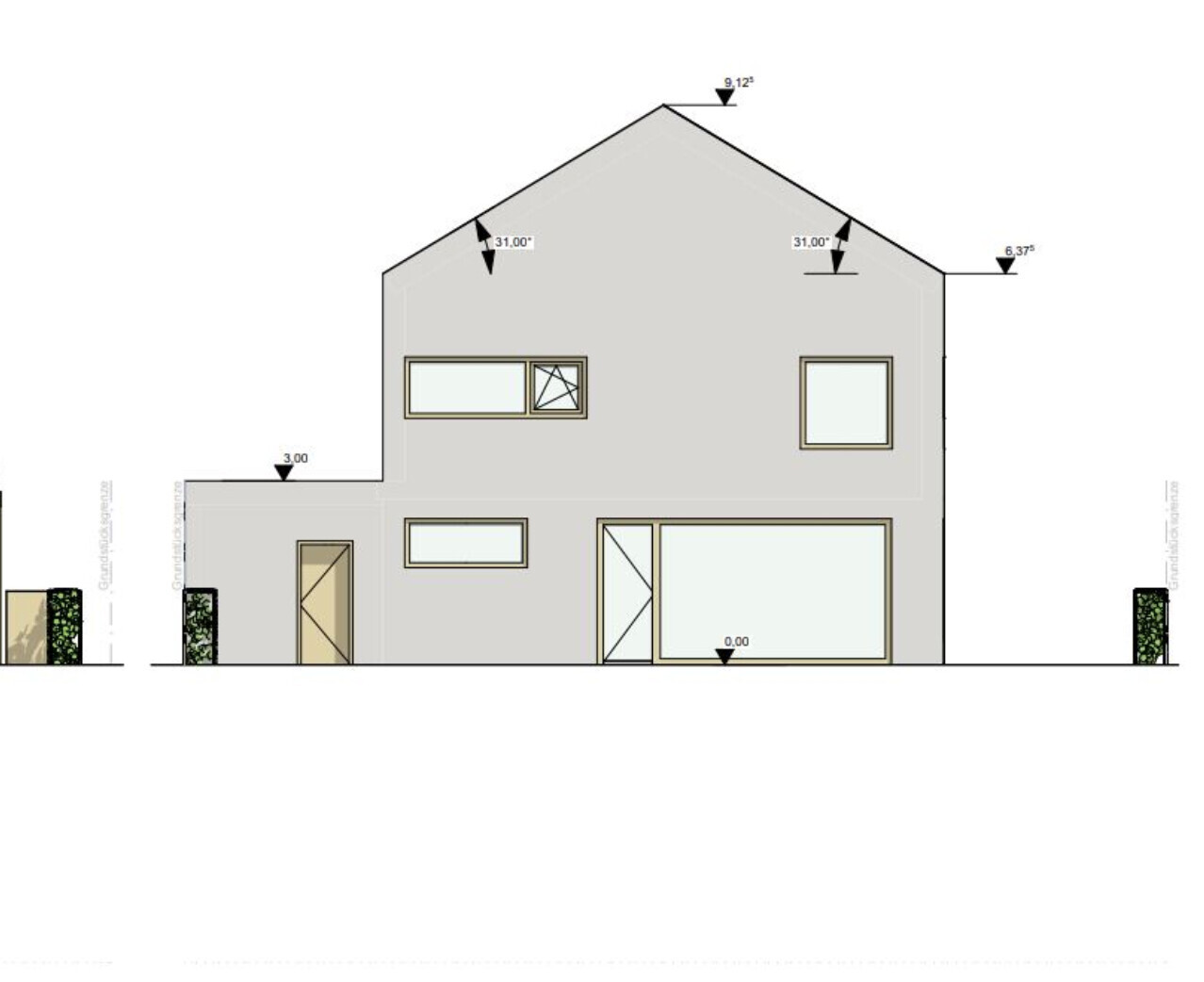 Frontansicht eines zweigeschossigen Hauses mit Satteldach, Türen, Fenster und Maßangaben.