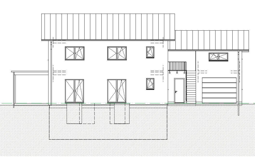 Moderne zweigeteilte Hausfassade mit Garage, Außentreppe und Carport – Architekturskizze.