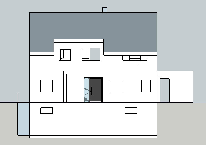 Frontansicht eines modernen Hauses mit grauem Dach, weißer Fassade und Eingangstür.