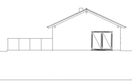 Linienzeichnung einer frontalen Hausansicht mit Satteldach, Türfenster und Terrasse