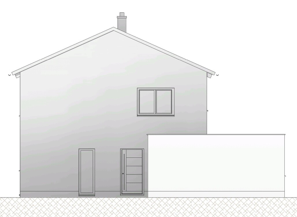 Zweistöckiges Haus mit Satteldach, Fenster, zwei Türen und einem Anbau rechts.