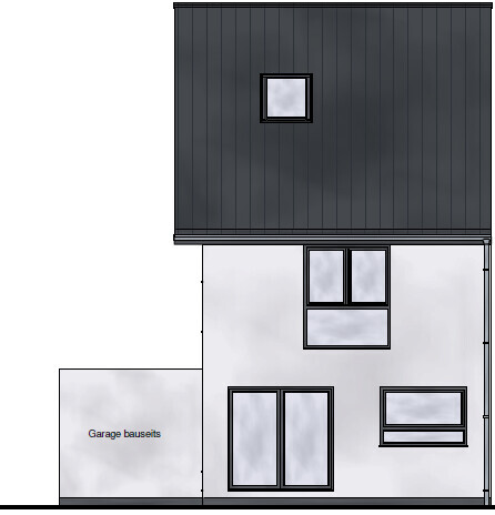 Vorderansicht eines zweigeschossigen Hauses mit Garage links, klare Linien und Fenster