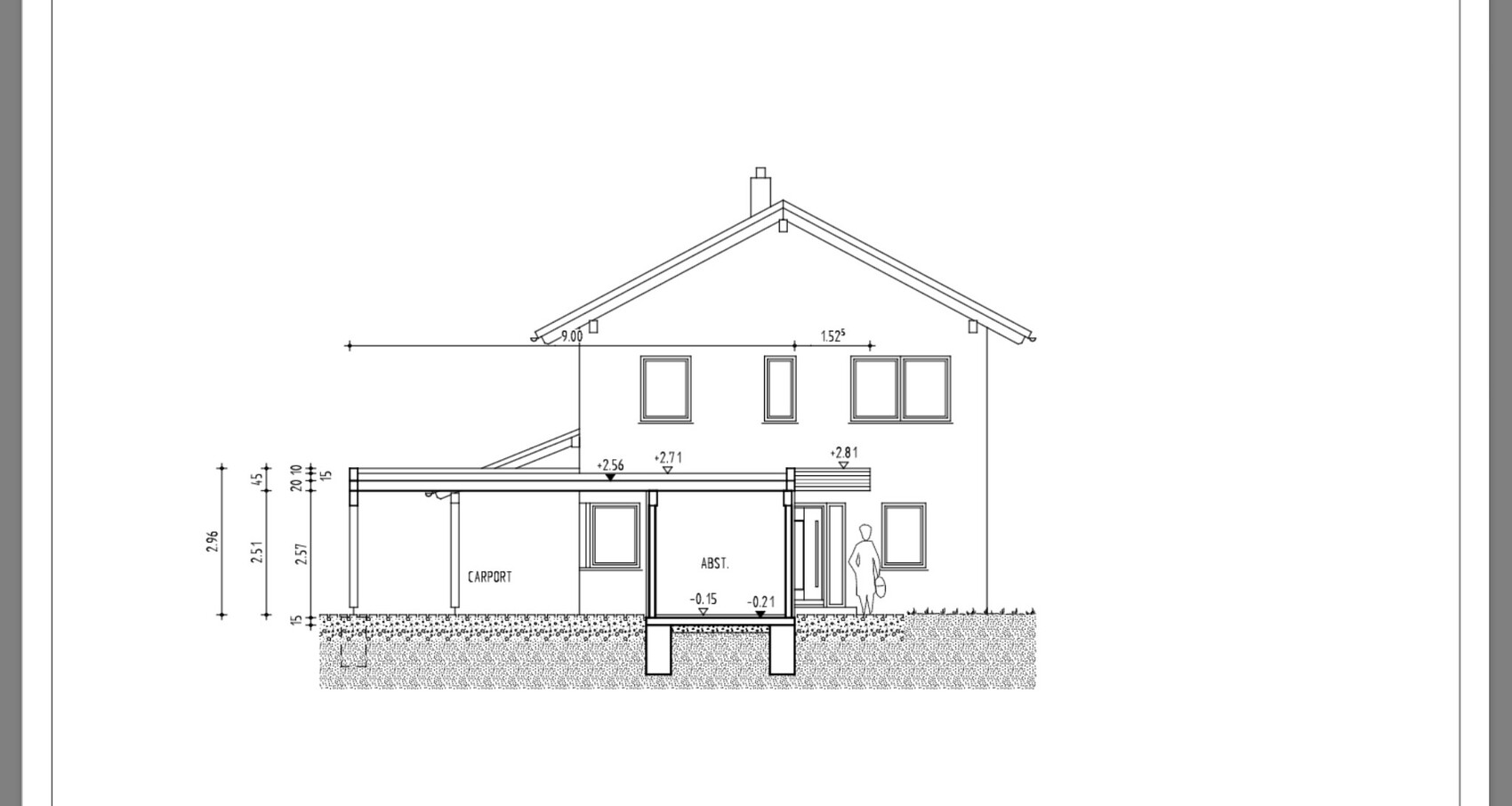 Architekturzeichnung eines zweistöckigen Hauses mit Carport, geneigtem Dach und Person am Eingang.