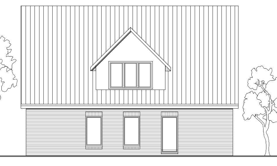Schwarz-weiß-Linienzeichnung einer Hausfassade mit Dachgaube und Fenstern