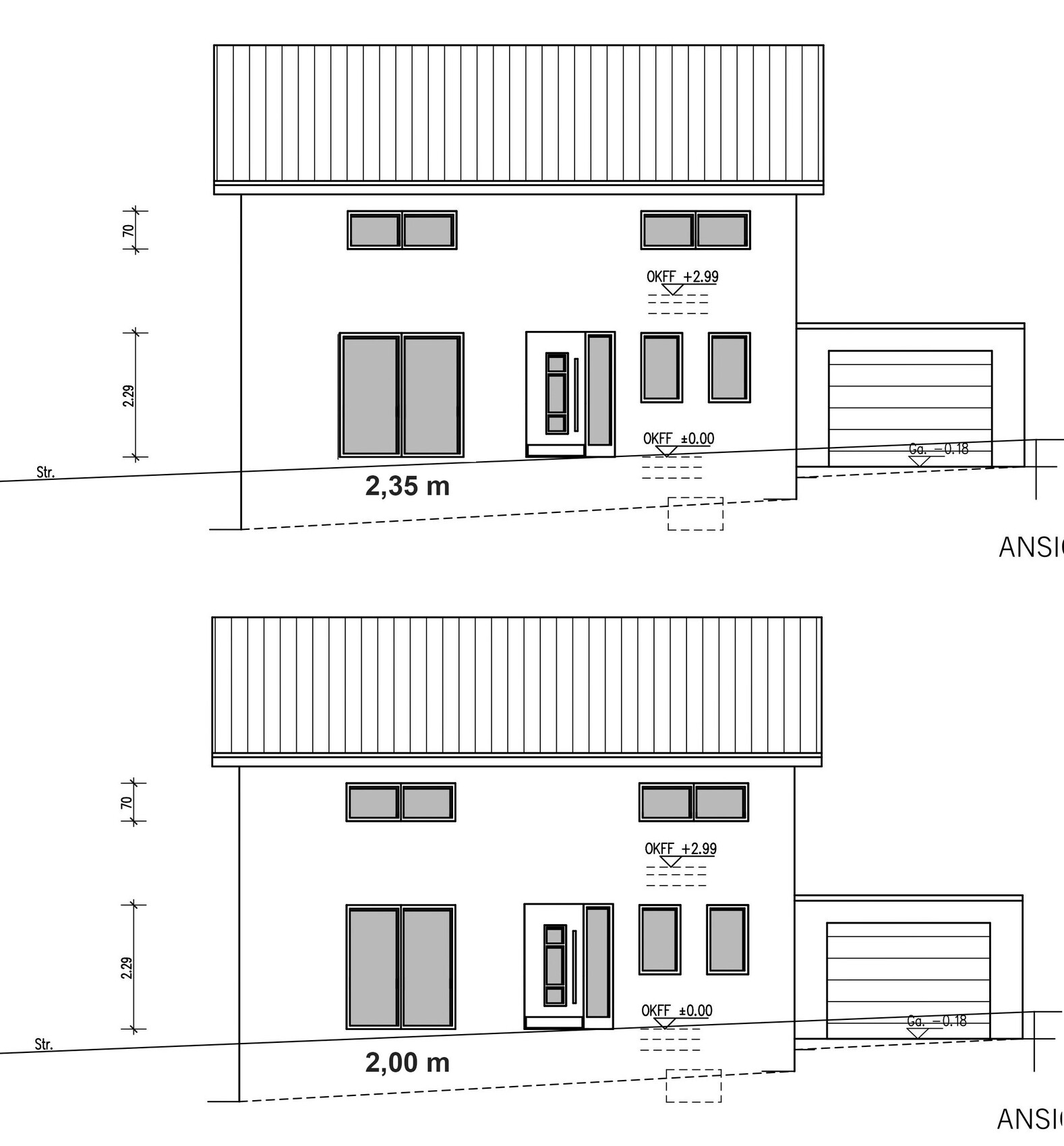 Zweigeschossiges Haus mit Flachdach, Front-/Seitenansicht, Garage rechts, Maßlinien.