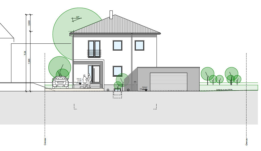 Außenansicht eines zweigeschossigen Hauses mit Garage, Einfahrt und Garten.