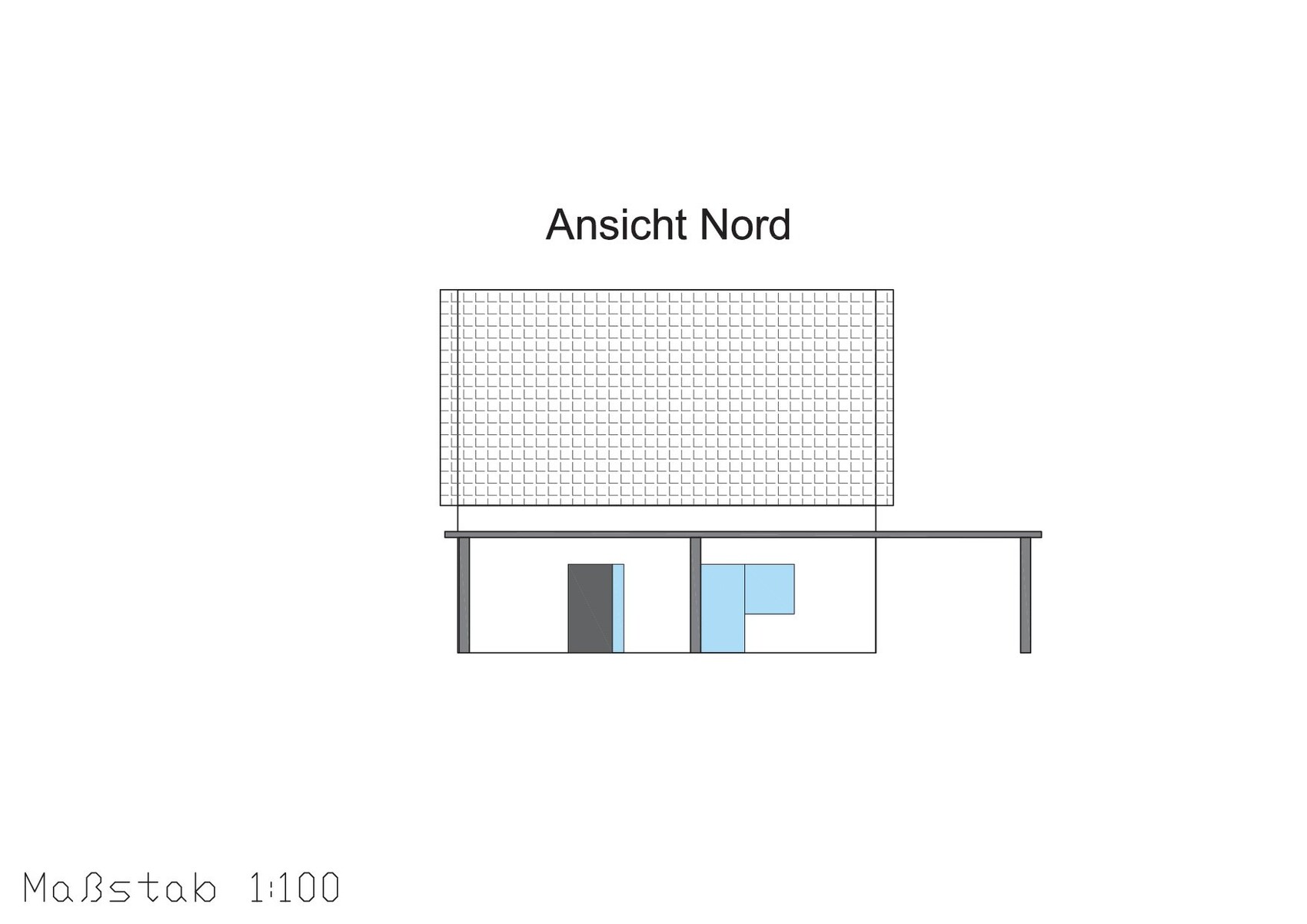 Nordansicht eines Gebäudes mit großem Dach, Türen und Fenstern, Maßstab 1:100.