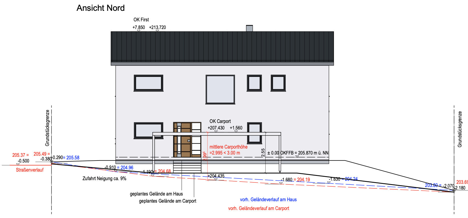 Nordansicht eines zweistöckigen Hauses mit Carport, Fenstern und Maßlinien