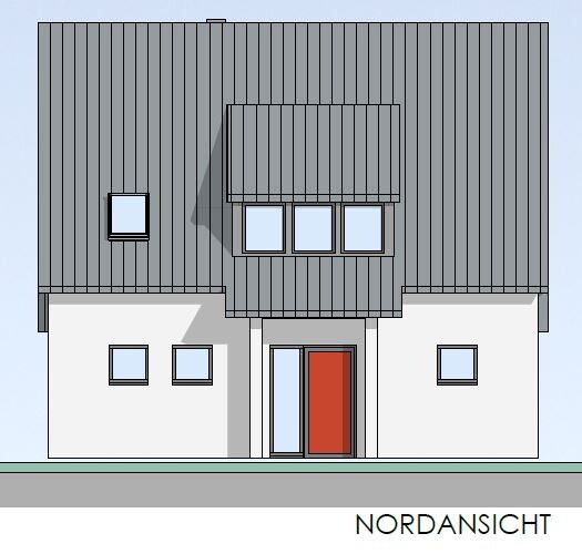 Nordansicht eines zweistöckigen Hauses mit grauem Satteldach, weißen Wänden und roter Eingangstür.