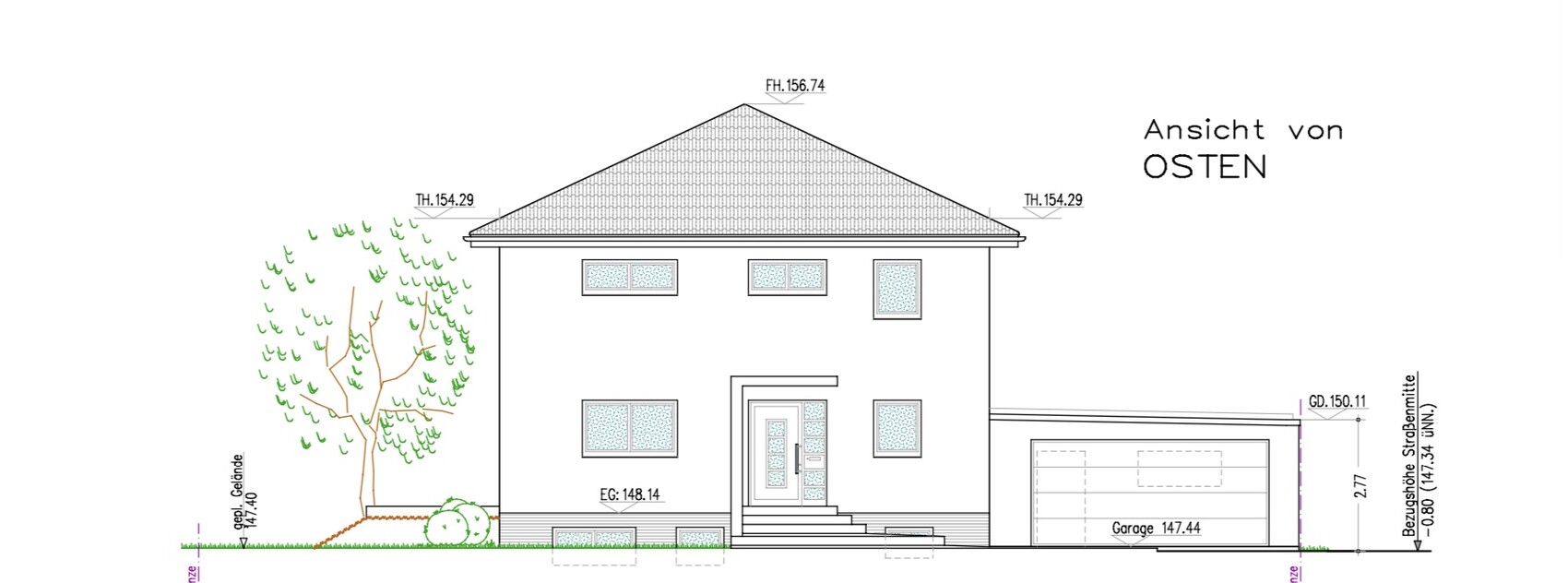 Ostenansicht eines zweistöckigen Hauses mit Garage rechts, Tür und Treppen, Fenster, Baum links.