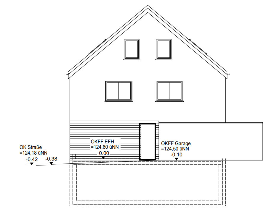 Vorderansicht eines zweistöckigen Hauses mit Garage, Fenstern und Fundamentlinien.