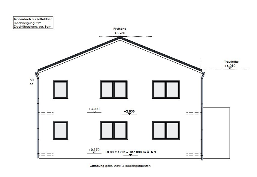 Zweigeschossiges Haus mit Satteldach, Frontansicht, Fenstern und Höhenangaben.
