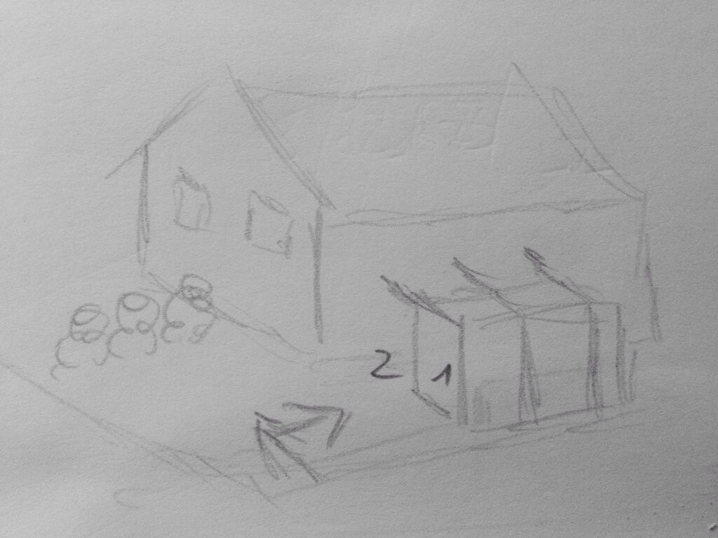 Handgezeichnete Hausfront-Skizze mit Dach, Veranda und Treppen im Vordergrund