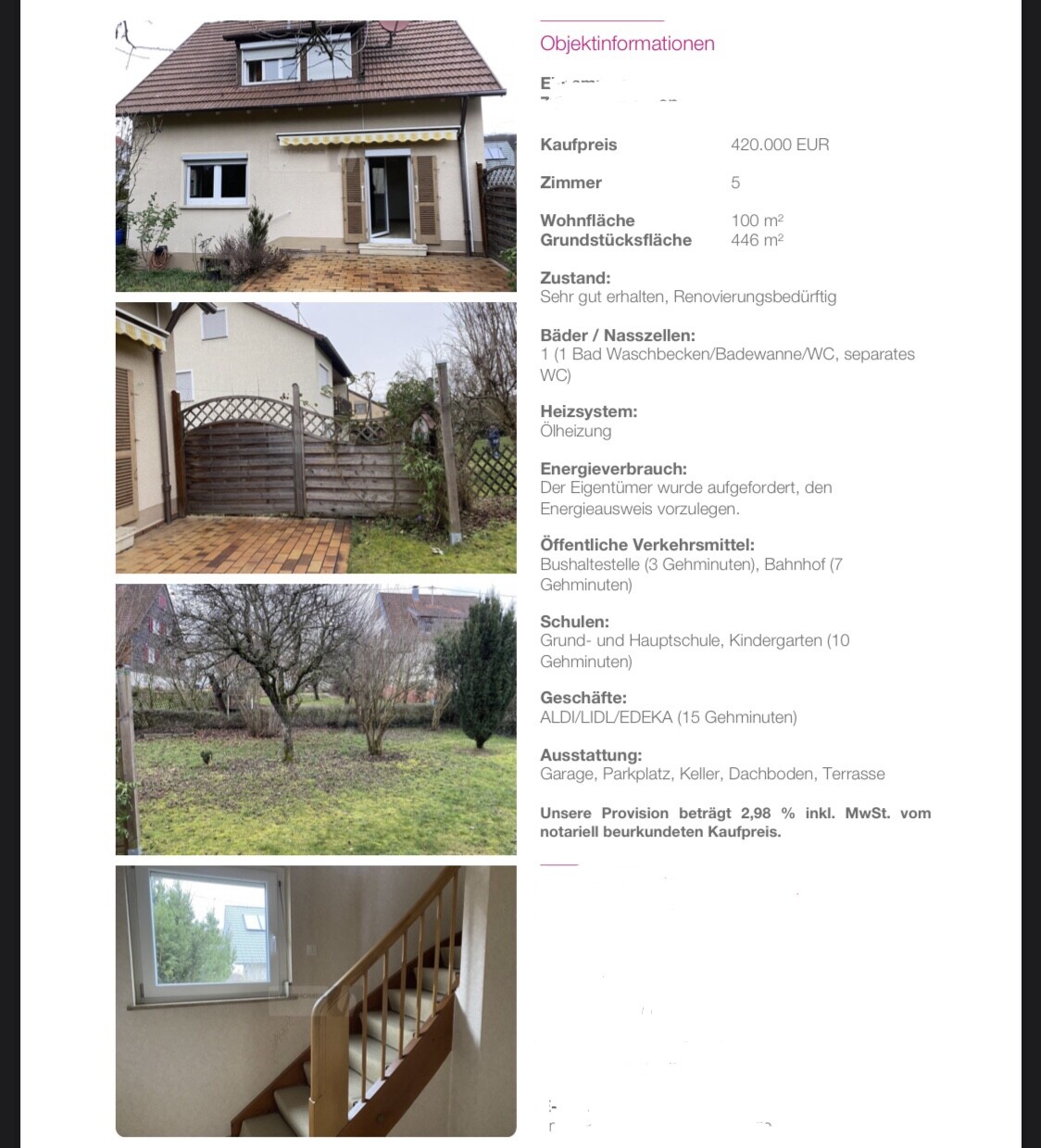 Vier Ansichten eines Hauses: Front, Hof, Garten, Treppenhaus.