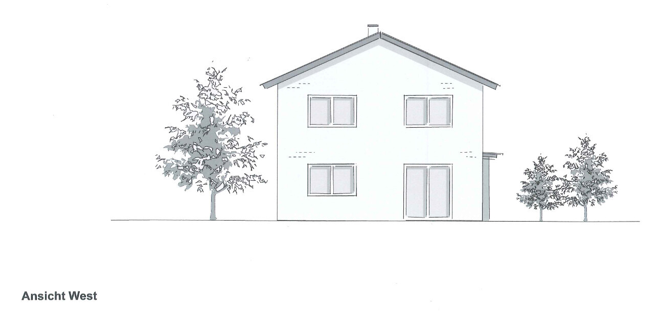Ansicht West eines modernen Hauses mit Fenstern und Bäumen