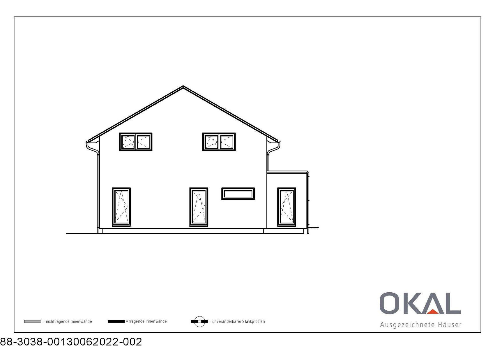 Architekturzeichnung eines Einfamilienhauses mit Dach, Fenstern und Türen in Linienzeichnung.