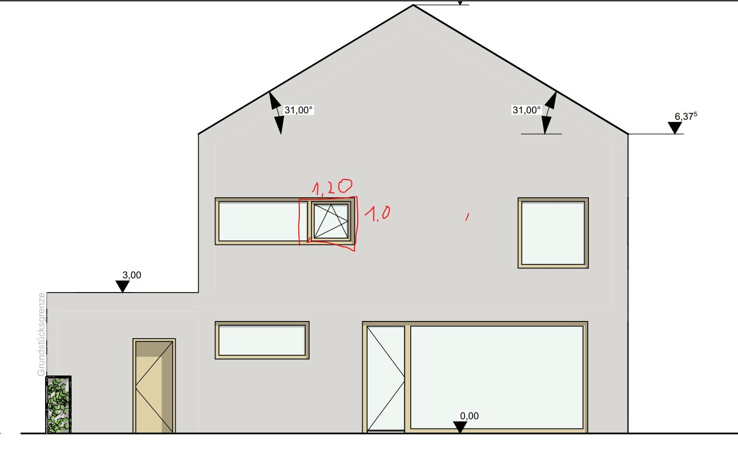 Ansicht eines zweistöckigen Hauses mit Satteldach, Fenstern und Türen