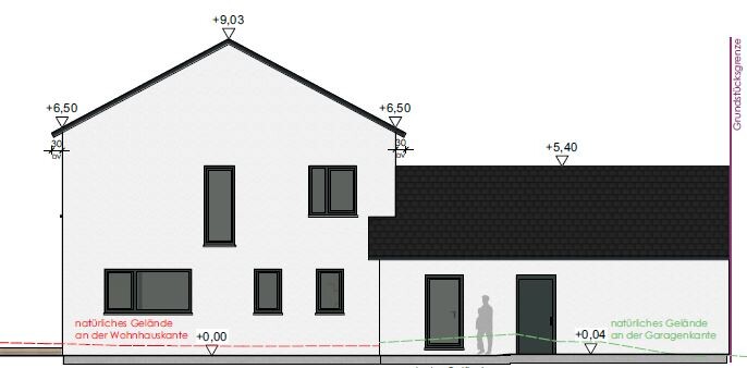 Außenansicht eines weißen Wohnhauses mit Satteldach und Fenstern, zwei Silhouetten am Eingang.