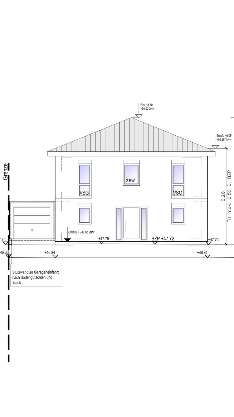 Vorderansicht eines Einfamilienhauses mit Garage und Eingangstür als Architektenzeichnung.