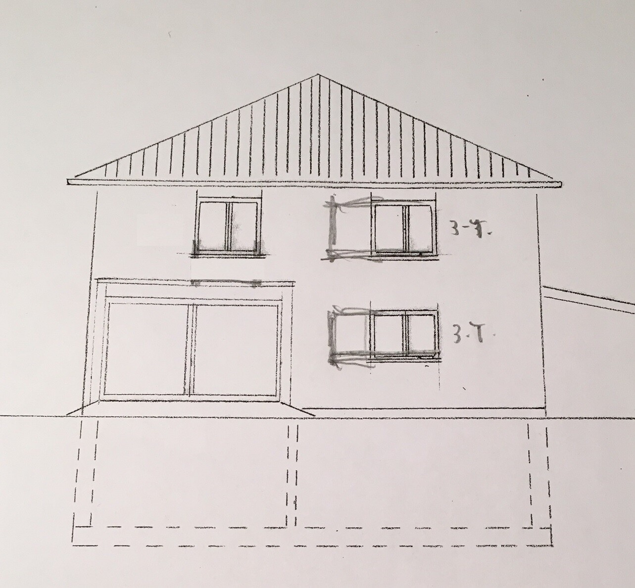 Handgezeichnete Frontansicht eines Hauses mit Satteldach und Garage