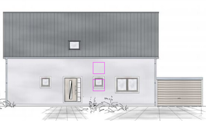 Weißes Einfamilienhaus mit grauem Dach, Eingangstür links, Fenster rechts und Garage.