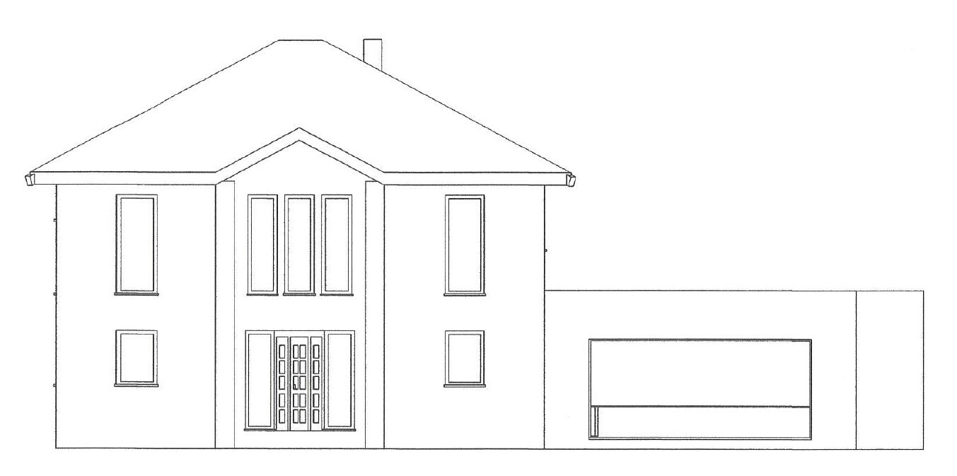 Frontansicht eines modernen Hauses als architektonische Zeichnung mit Garage.