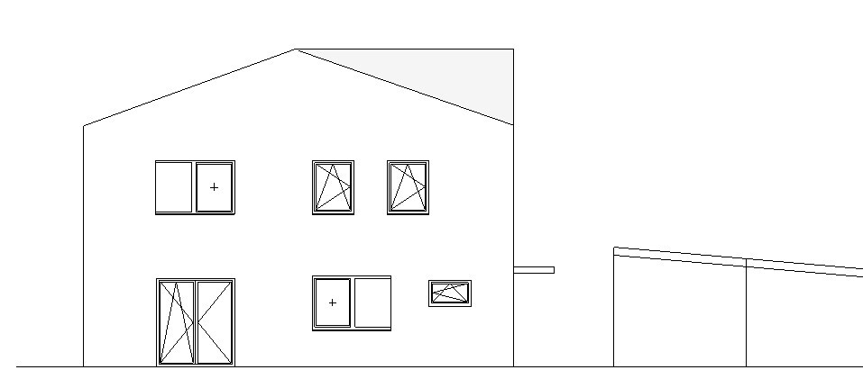 Linienzeichnung eines zweistöckigen Hauses mit schrägem Dach und mehreren Fenstern.