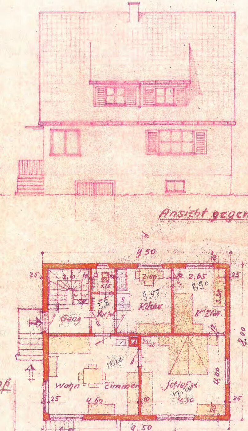 Architekturzeichnung: Frontansicht und Grundriss eines Hauses