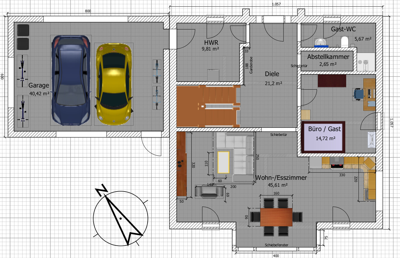 Grundriss eines Hauses: Garage mit zwei Autos, HWR, Diele, Abstellkammer, Büro/Gast, Wohn-/Esszimmer.