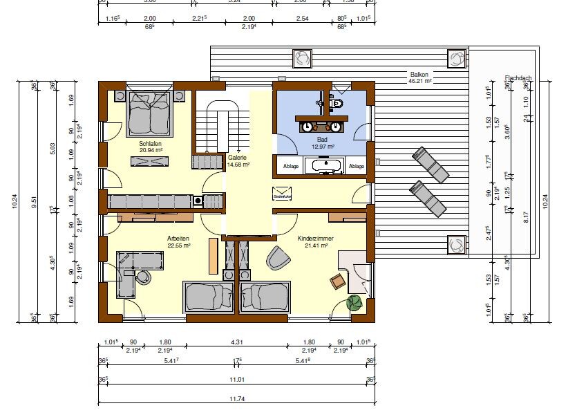 Grundriss eines Hauses mit Schlafzimmer, Arbeitszimmer, Kinderzimmer, Bad und Balkon.