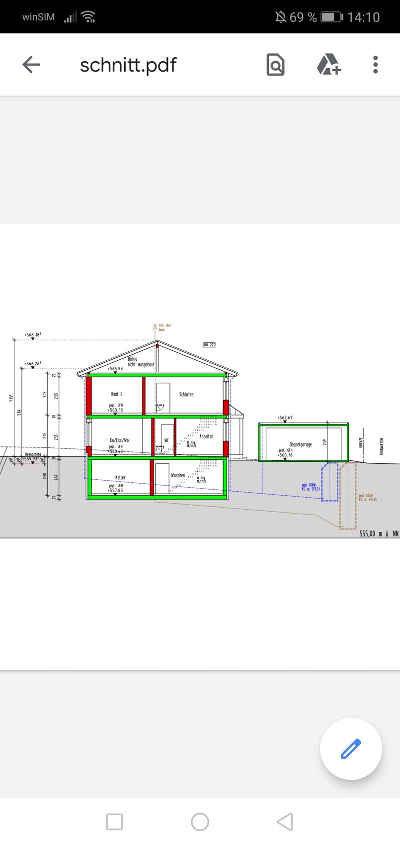 Schnitt durch ein mehrstöckiges Haus mit Keller, Küche/Wohnen, Schlafen, Arbeiten und Doppelgarage.