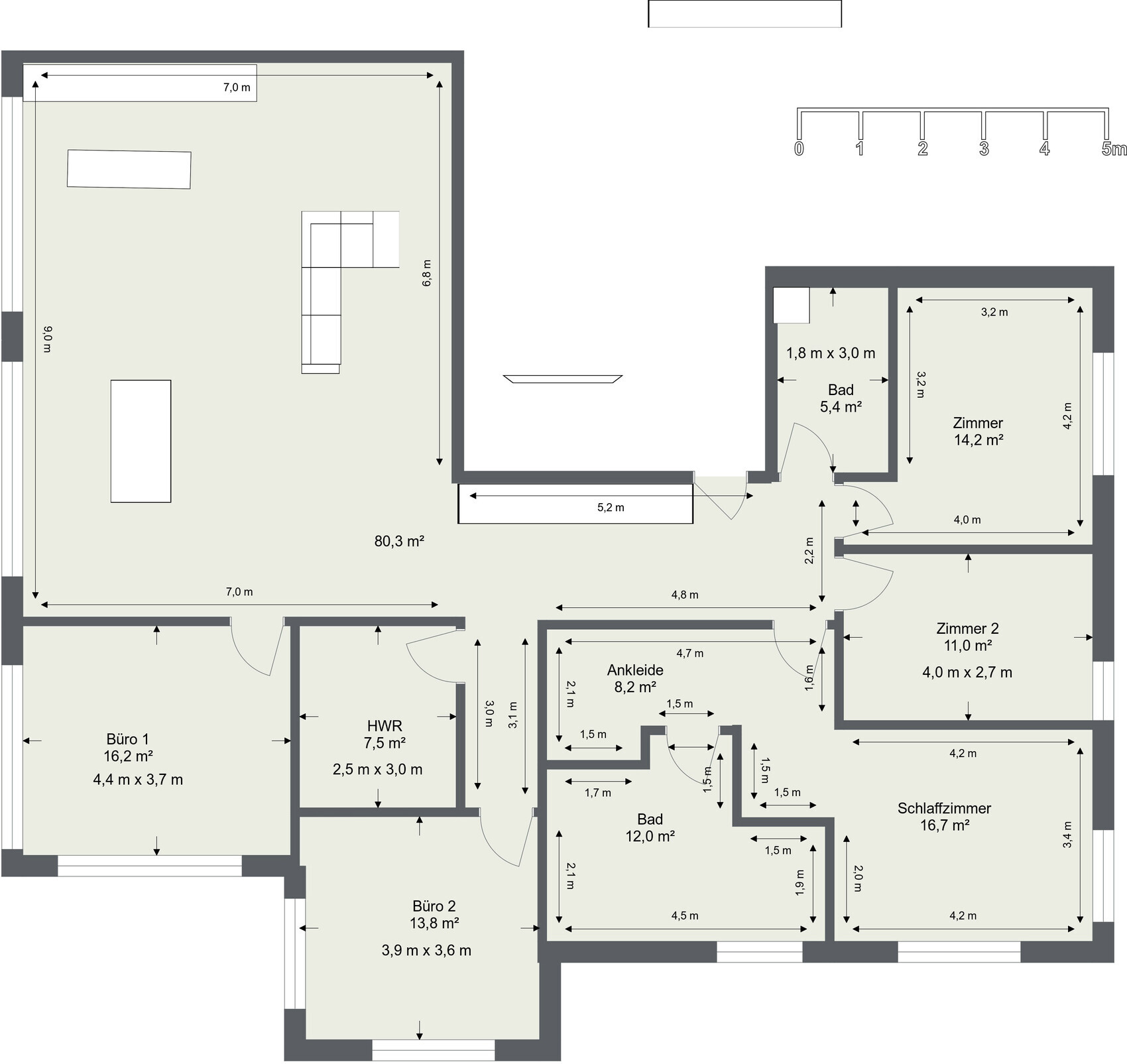 2D-Hausgrundriss mit Wohnzimmer, Schlafzimmer, Bad, Kuche und Fluren