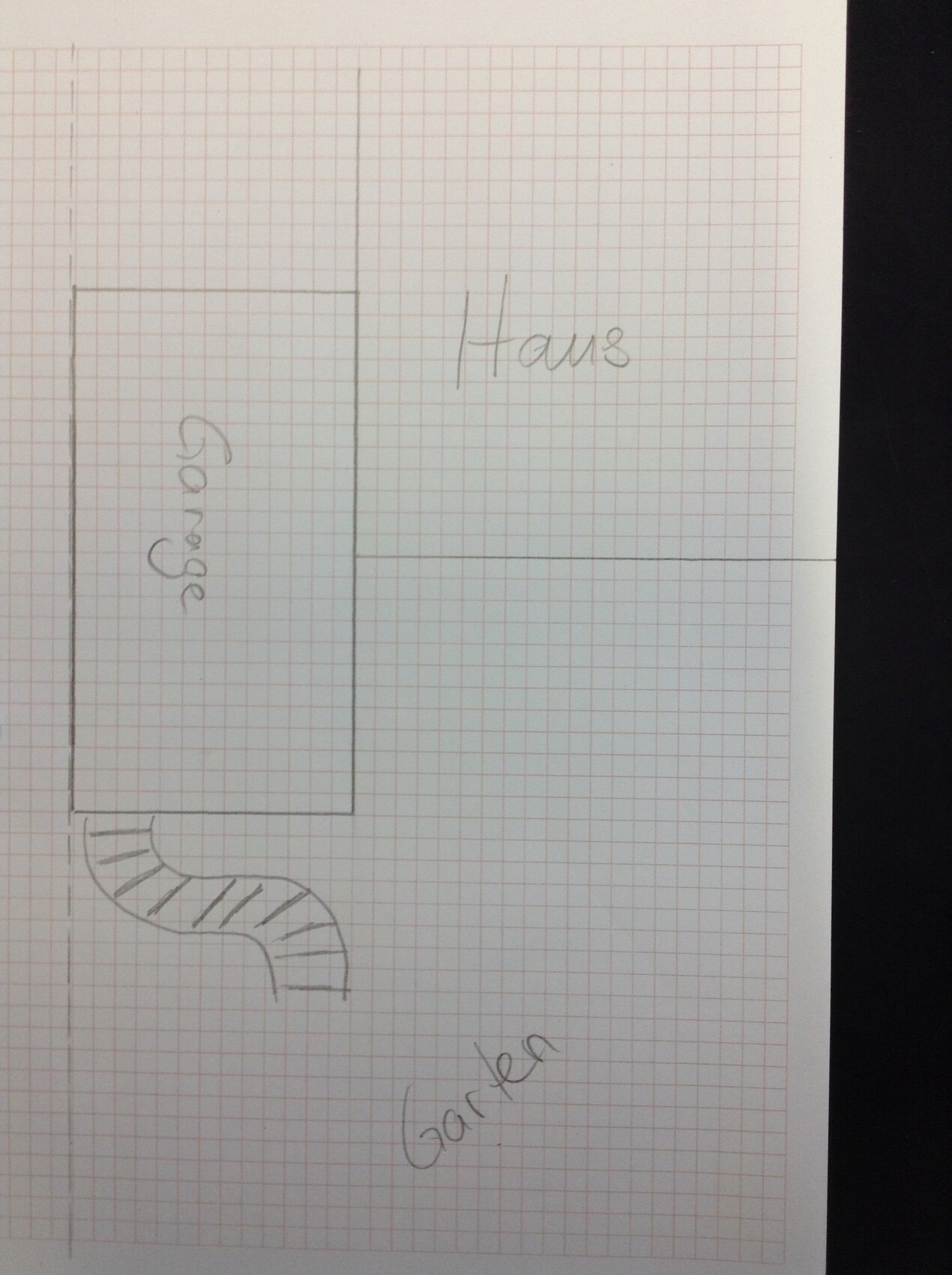 Handgezeichnete Grundriss-Skizze eines Hauses mit Garten und Treppe