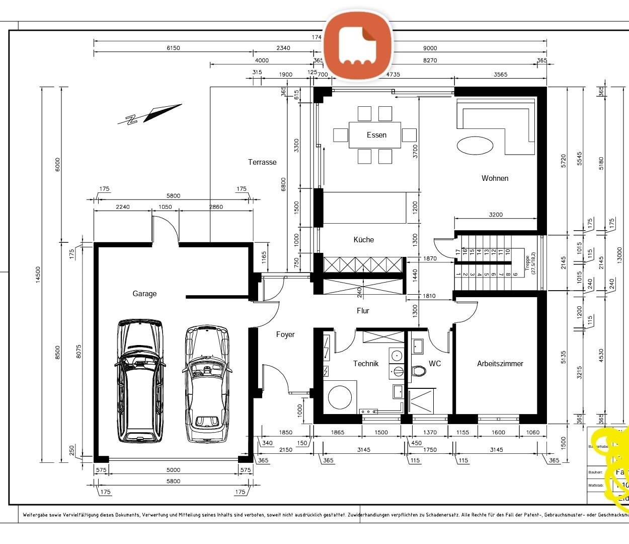 Grundriss eines Hauses mit Garage, Terrasse, Küche, Essen, Wohnen, Arbeitszimmer.
