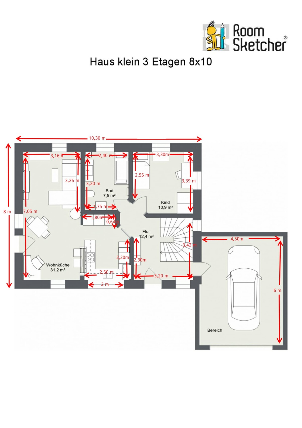 Grundriss eines kleinen Hauses mit 3 Etagen, 8x10 Maße, inklusive Garage.