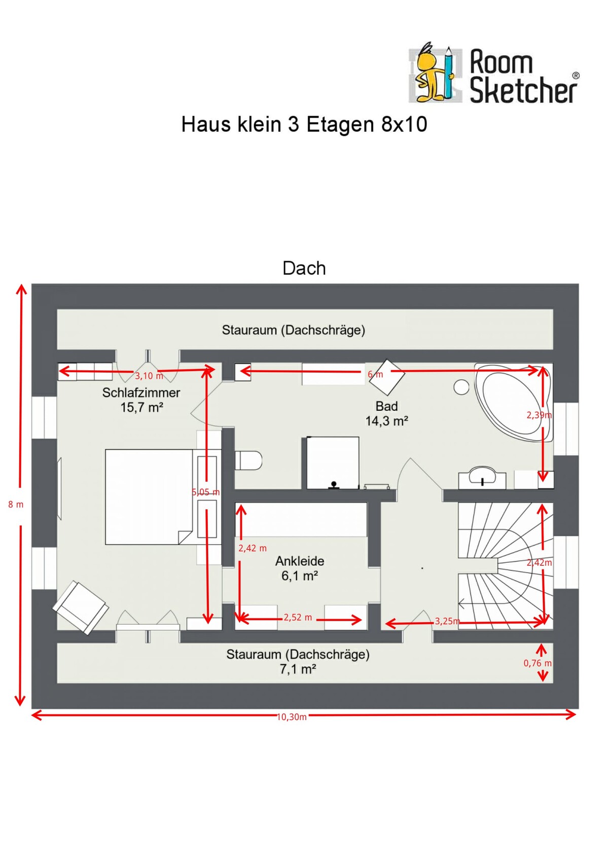 Grundriss Dachgeschoss: Schlafzimmer, Bad, Ankleide, Stauflächen, Treppe; Abmessungen 8x10 m.