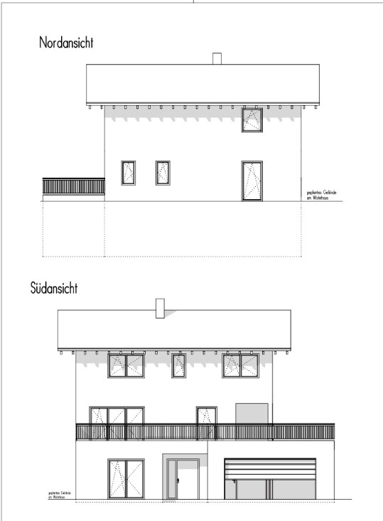 Zweistöckiges Haus: Nord- und Südansicht mit Balkon, Terrasse und Garage