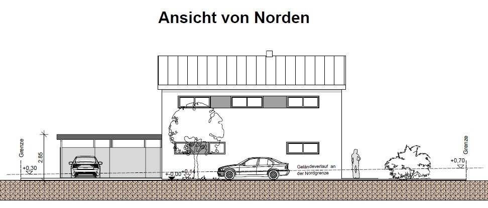 Architekturzeichnung Nordansicht eines zweigeschossigen Hauses mit Garage und Straße