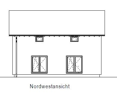 Nordwestansicht eines zweistöckigen Hauses mit Fenstern, Tür und Dach
