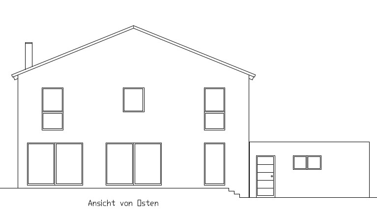 Außenansicht eines zweistöckigen Hauses mit Anbau, Treppenstufen, Ostansicht