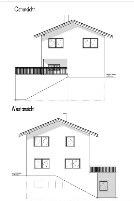 Architektenzeichnung: Ost- und Westansichten eines Einfamilienhauses