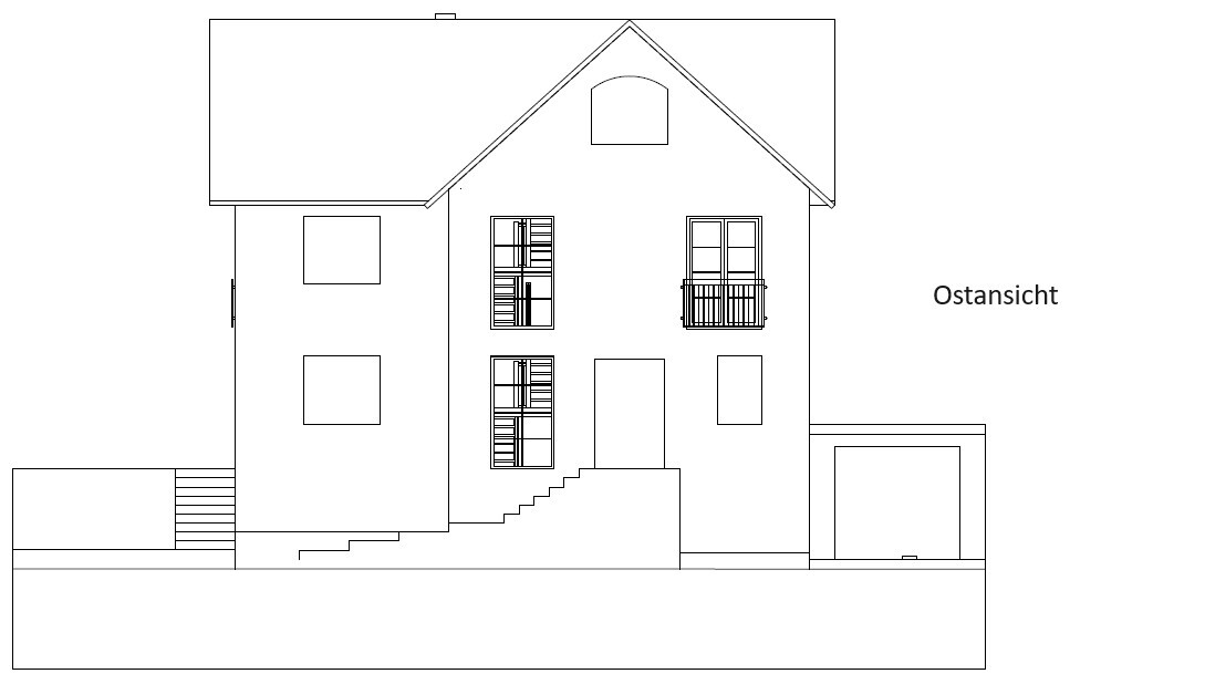 Ostansicht eines mehrstöckigen Hauses mit Treppen, Balkon und Garage