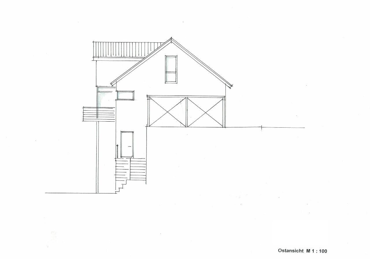 Architekturzeichnung einer Ostansicht eines zweigeschossigen Einfamilienhauses mit Garage und Treppe