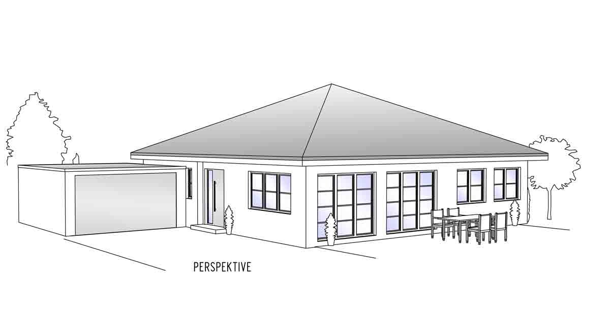 Perspektivische Außenansicht eines Hauses mit Garage und Terrasse