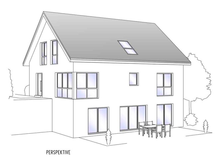 Zweistöckiges modernes Haus-Darstellung mit Dachfenstern, großen Fensterfronten und Terrasse.