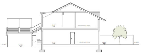 Schnitt durch ein zweigeschossiges Wohnhaus mit Fundament, Treppen, Balkon und Terrasse.