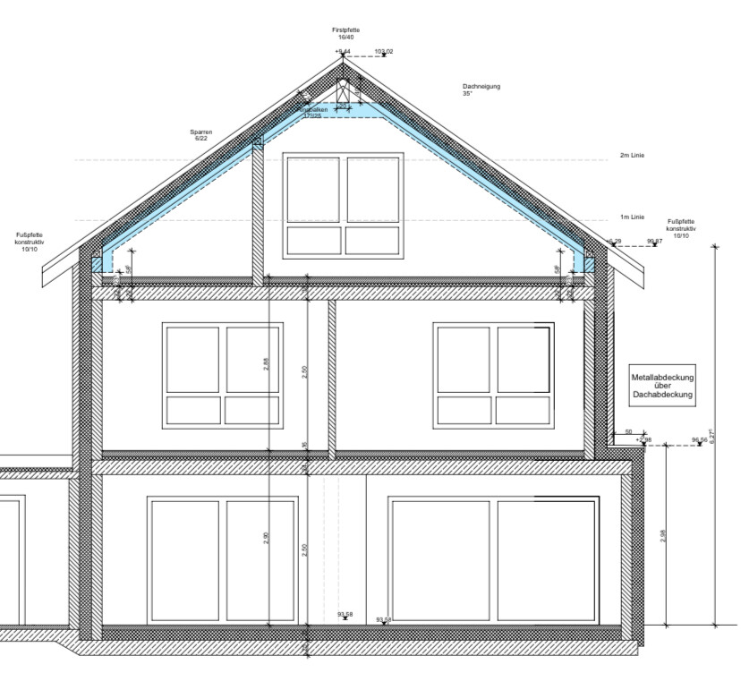 Querschnitt eines Hauses mit Dachgiebel, mehreren Stockwerken und Fenstern
