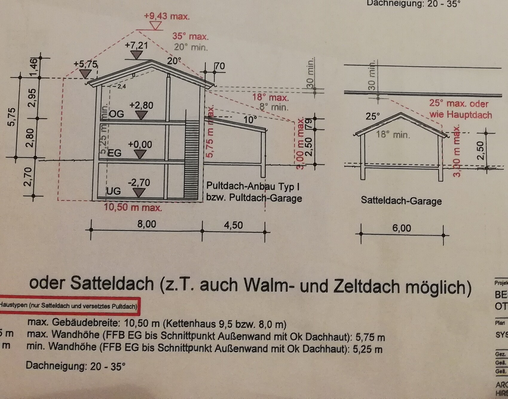 Schnitt durch zweigeschossiges Haus mit Pultdach-Anbau und Satteldach-Garage, Maße