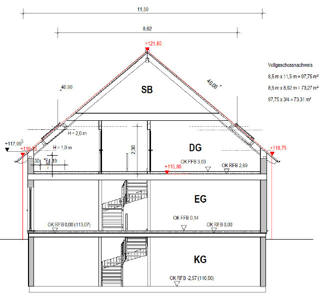 Querschnitt durch ein mehrstöckiges Haus: KG, EG, DG, Dachstuhl, Treppenhaus, Dachform.