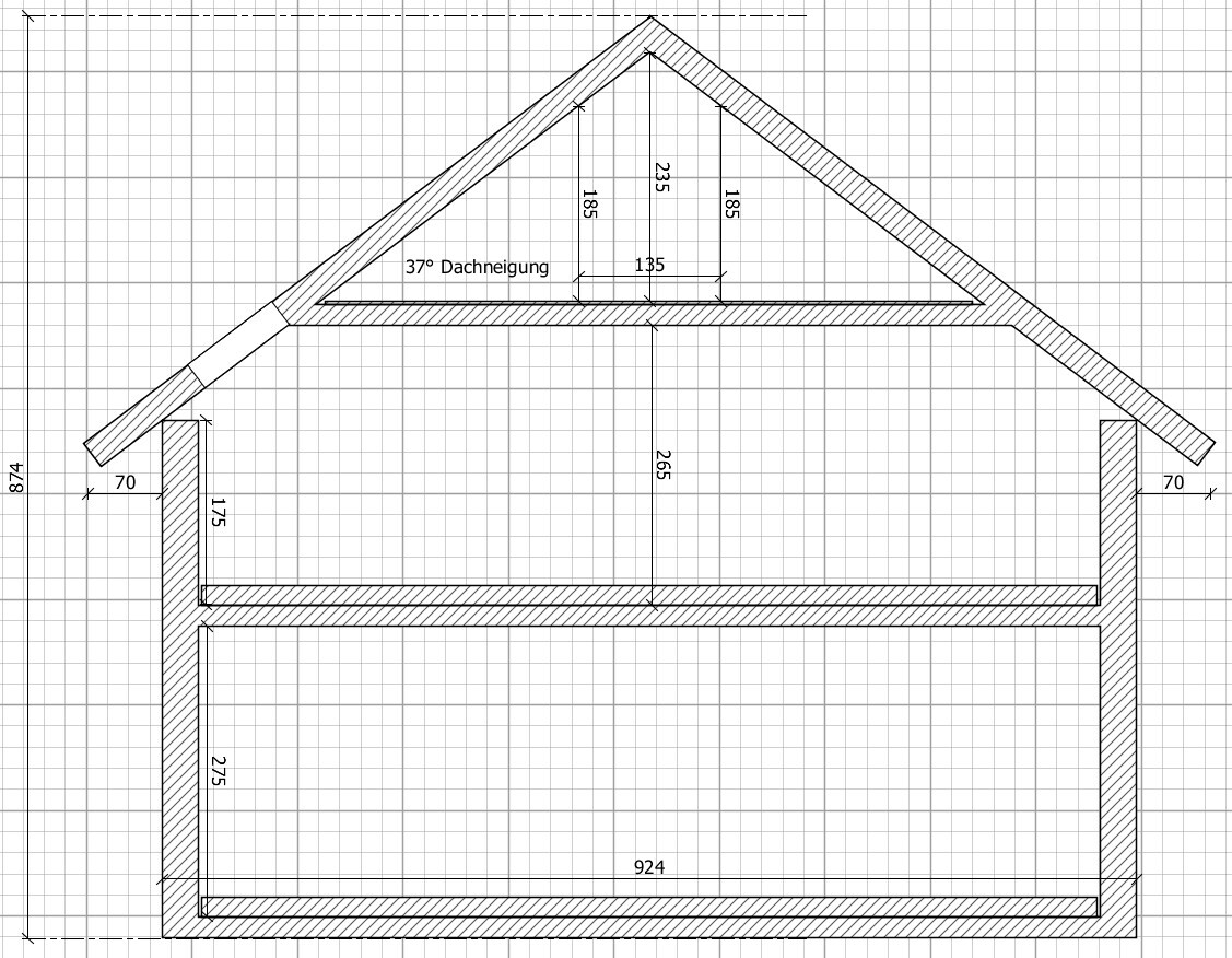 Querschnitt durch ein Haus mit Dachstuhl, Dachneigung 37°, Innenraum und Maßangaben in mm.